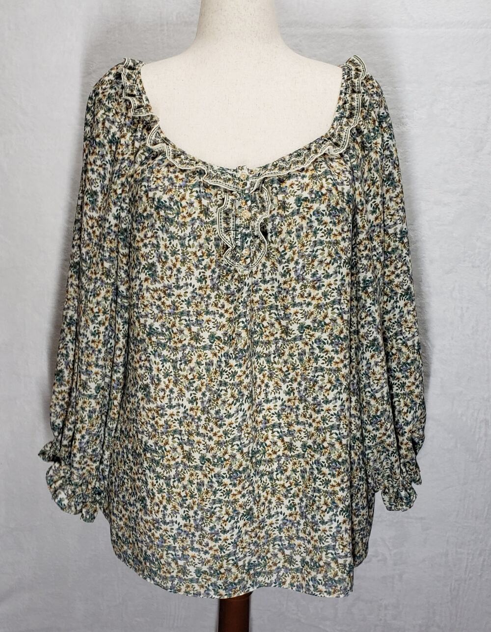 Max Studio Plus 2X Floral Ruffle Blouse Boho Cottagecore Blue Green Top